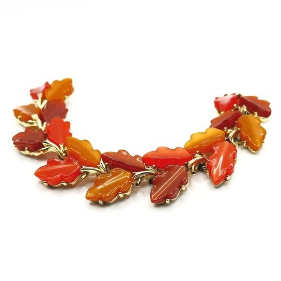 Vintage 1960 Signed Lisner Thermoset Lucite Fall Leaves Necklace Bracelet Set - Picture 3 of 8